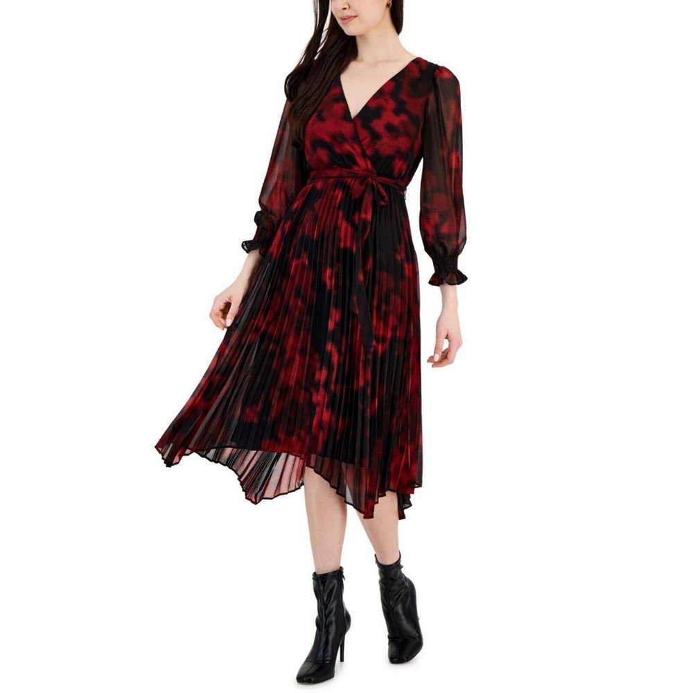 Red and Black Pleated Midi Wrap Dress